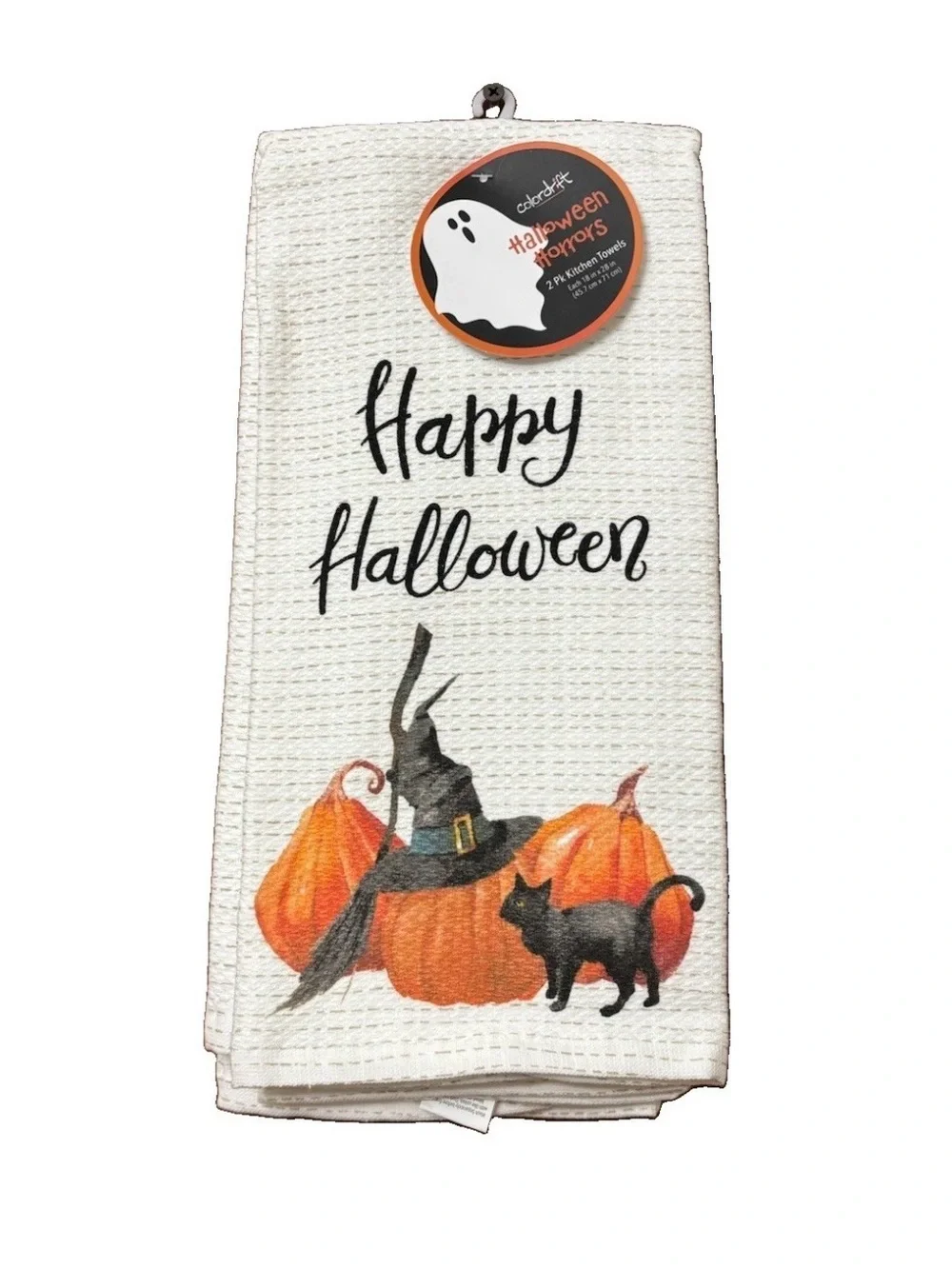 HALLOWEEN KITCHEN TOWEL SET OF 2 BLACK CAT WITCH HAT PUMPKIN WAFFLE WEAVE COTTON